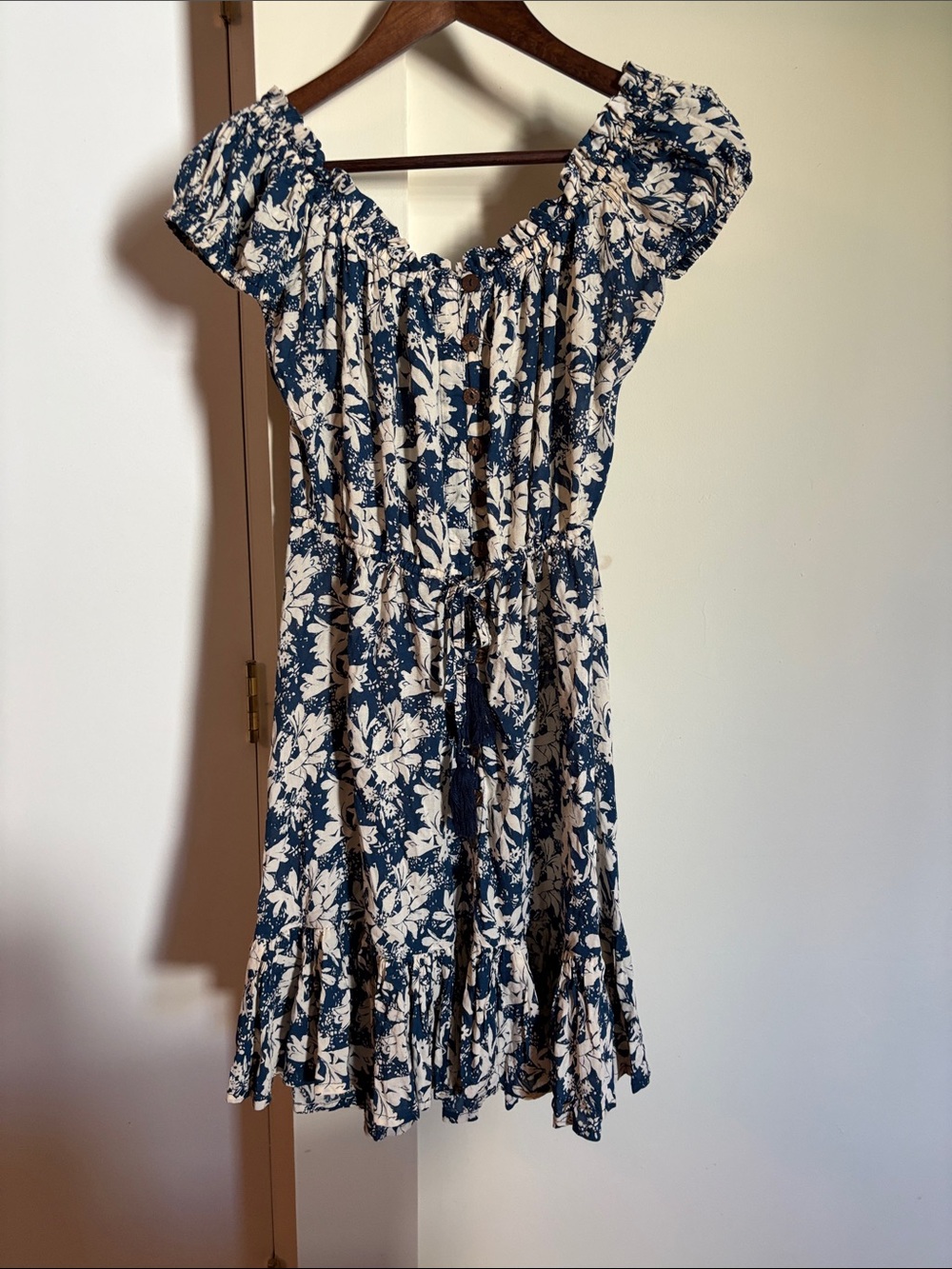Blue and Cream Floral Off-Shoulder Mini Dress